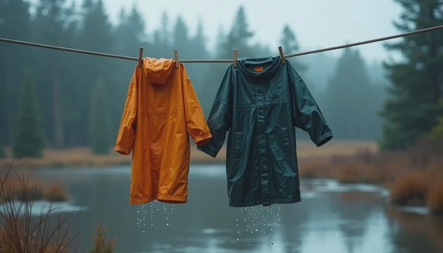 Wet rain jacket hanging on a clothesline at a Colorado backcountry camp on a rainy September day