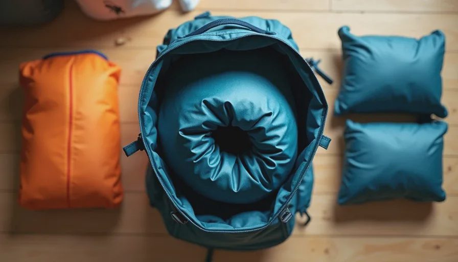 Newly rolled rain jacket packed into the top pocket of a backpack ready for the trail