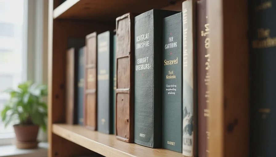 A row of outdoor nature literature books on a wooden shelf showing worn spines by Abbey, Muir, and other authors
