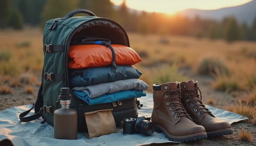 Open backpack with gear laid out on a tarp at camp beside a pair of well-worn hiking boots