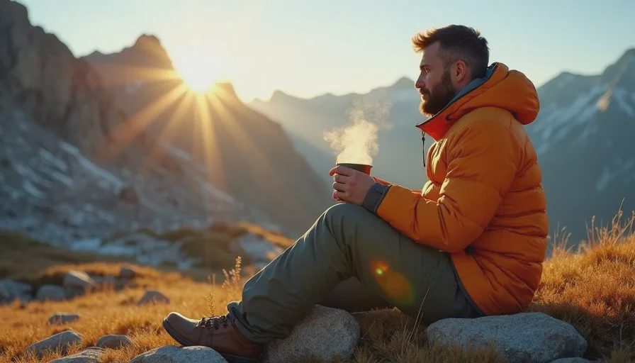 Hiker holding a steaming coffee mug while sitting in a sleeping bag at an alpine camp at sunrise