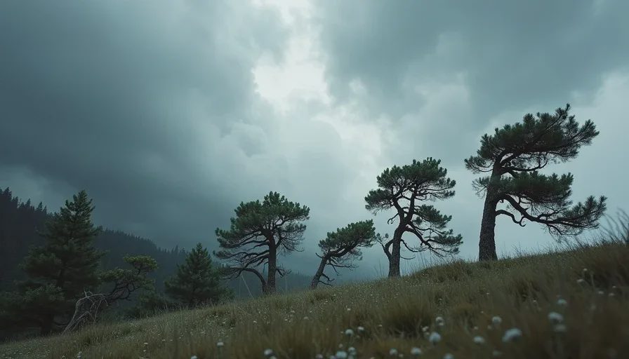 Wind-shaped krummholz trees at the treeline under a dark storm sky