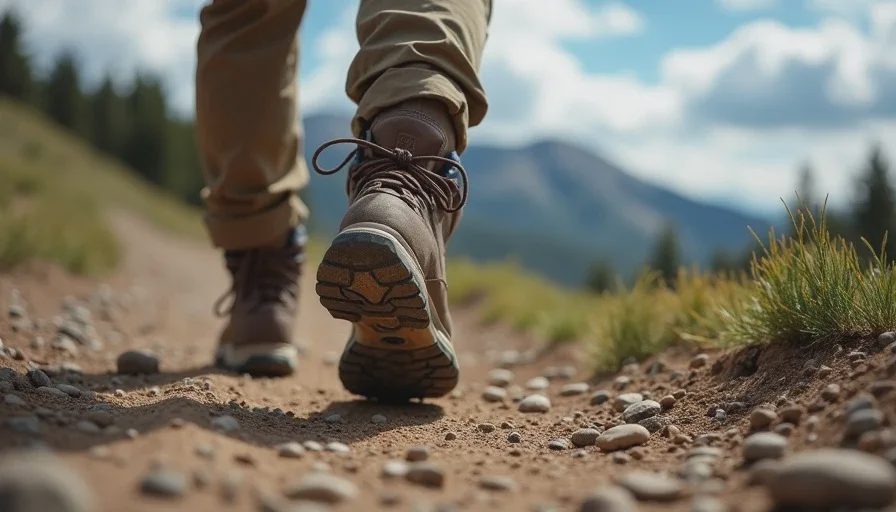 Close-up of worn hiking boots on a rocky trail heading toward a mountain ridge