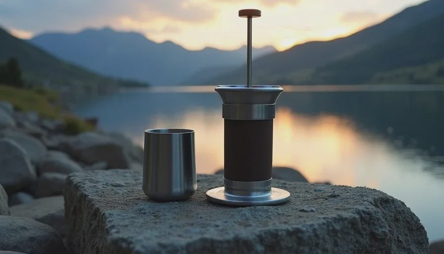 An AeroPress coffee maker on a flat rock beside an alpine lake at dawn with mountain ridges in the background