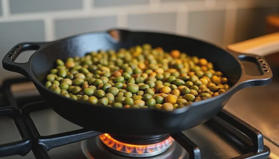 Green coffee beans roasting in a cast iron pan on a kitchen stove, showing color change from green to brown