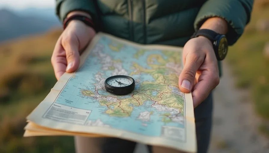 Hiker hands holding a folded waterproof paper map with a compass at the edge on a high trail