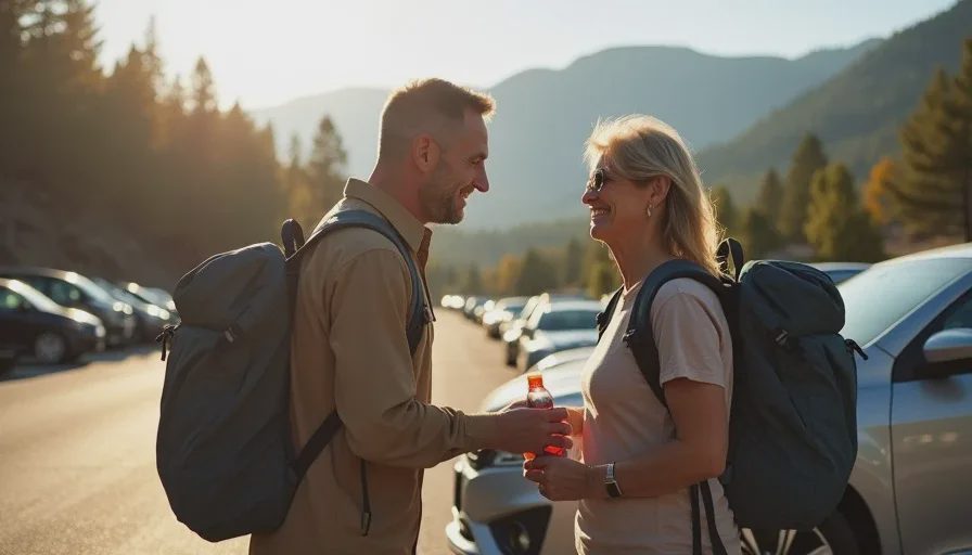Couple preparing backpacks at a trailhead parking lot in the Colorado mountains