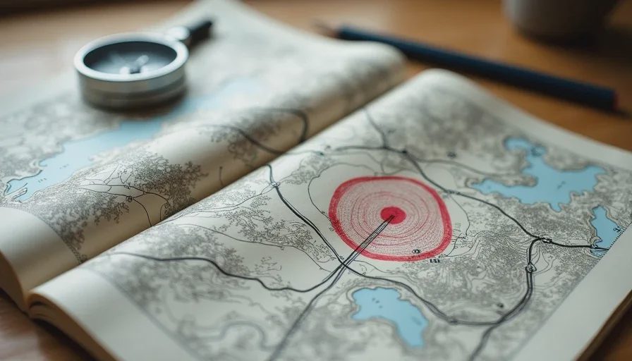 Topographic map with a penciled route and red circle laid out with a compass on a kitchen table