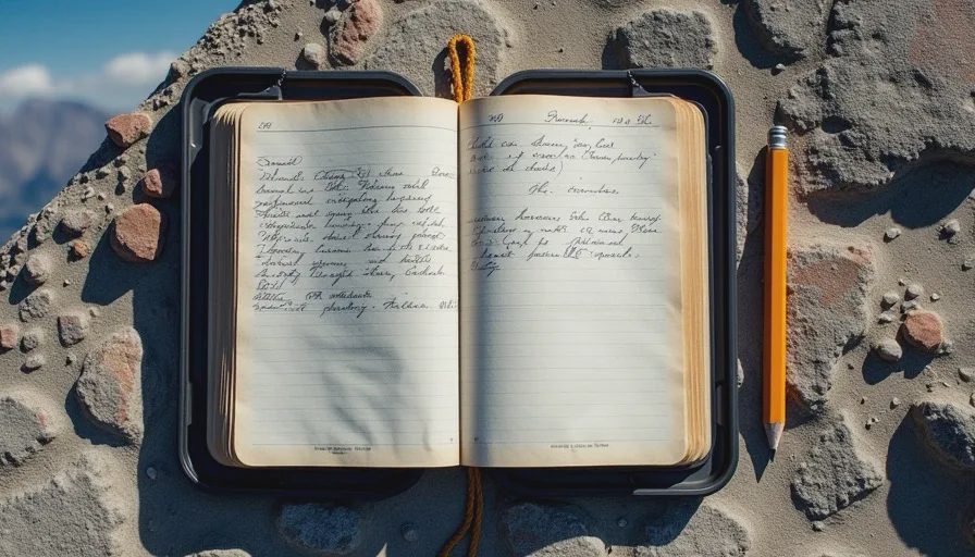 An open trail register notebook in a plastic box with a pencil on a rocky mountaintop with sky visible behind