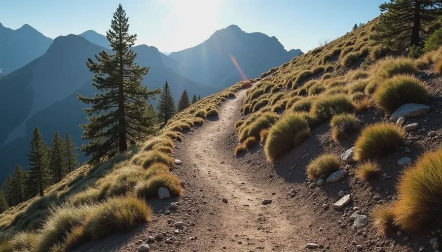 Morning sunlight on switchbacks climbing the lower slopes of a Colorado fourteener