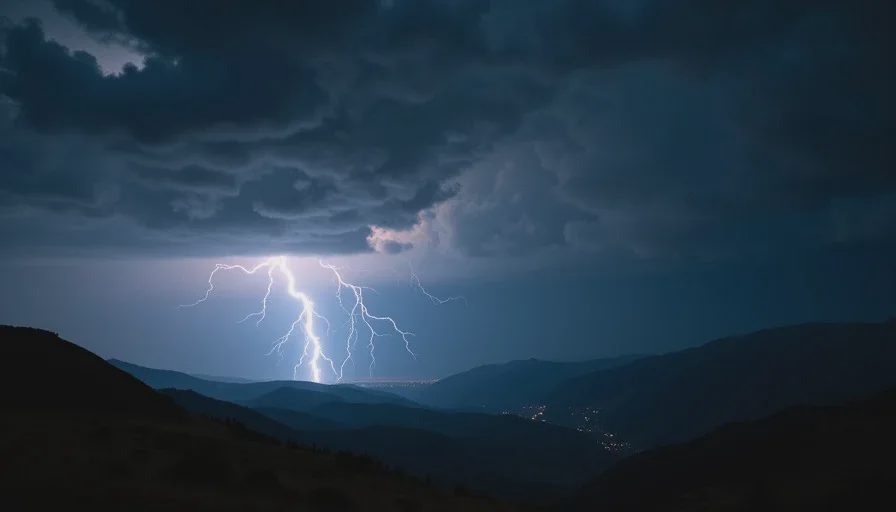 Lightning illuminating the sky above a dark mountain ridge in the distance