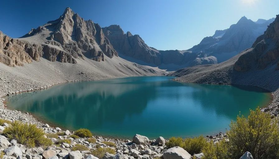 An alpine lake nestled in a granite cirque in the Indian Peaks Wilderness with rocky ridgelines above