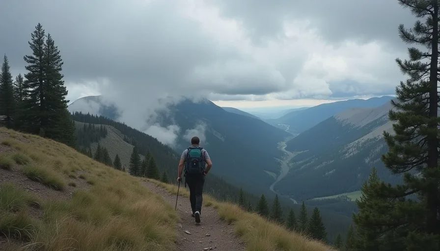 Hiker walking down toward treeline as a storm builds over the ridge behind