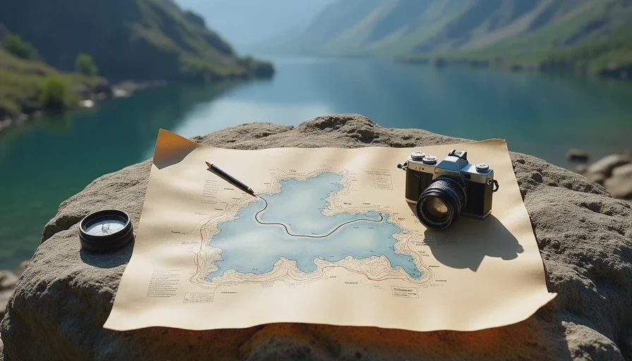 Topographic map with a penciled loop route through a lake basin beside a compact film camera on a rock by a lake
