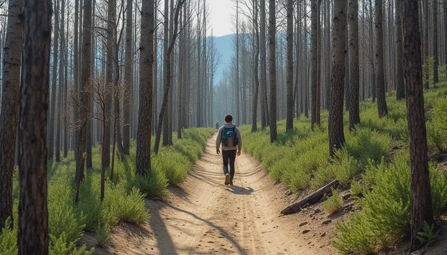 Trail through a recovering burn scar with charred trunks and new aspen growth