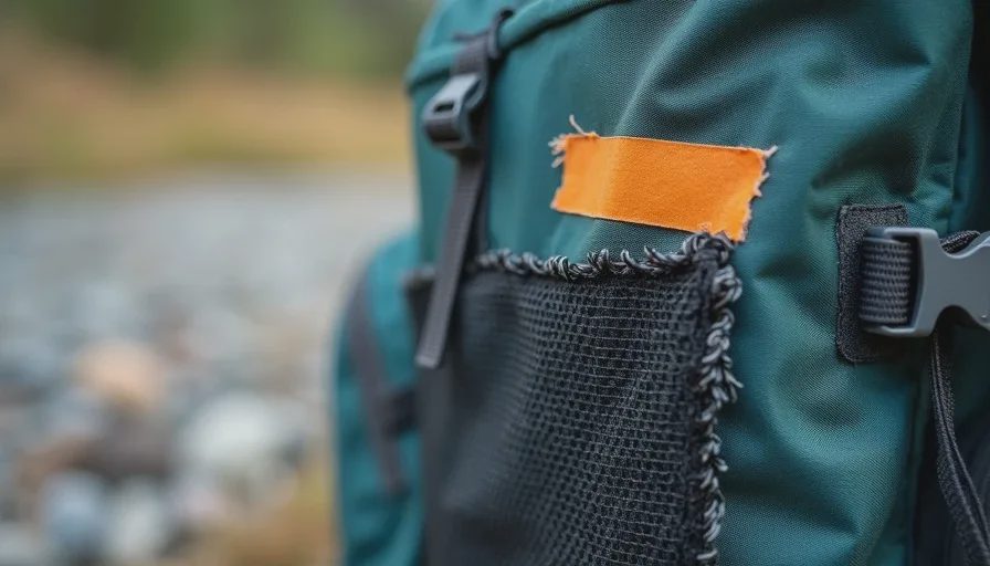 Close-up of a repaired mesh side pocket on a backpack showing Tenacious Tape patch over a small tear