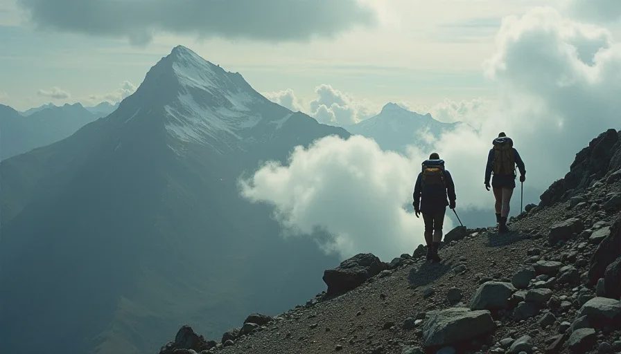 Two hikers descending the Longs Peak route as storm clouds build over the summit