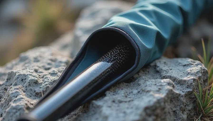 Removable carbon fiber stays from a lightweight backpack resting on a granite surface next to the sleeve channel