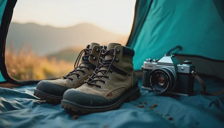 Muddy hiking boots and a film camera inside a tent lit by early morning light