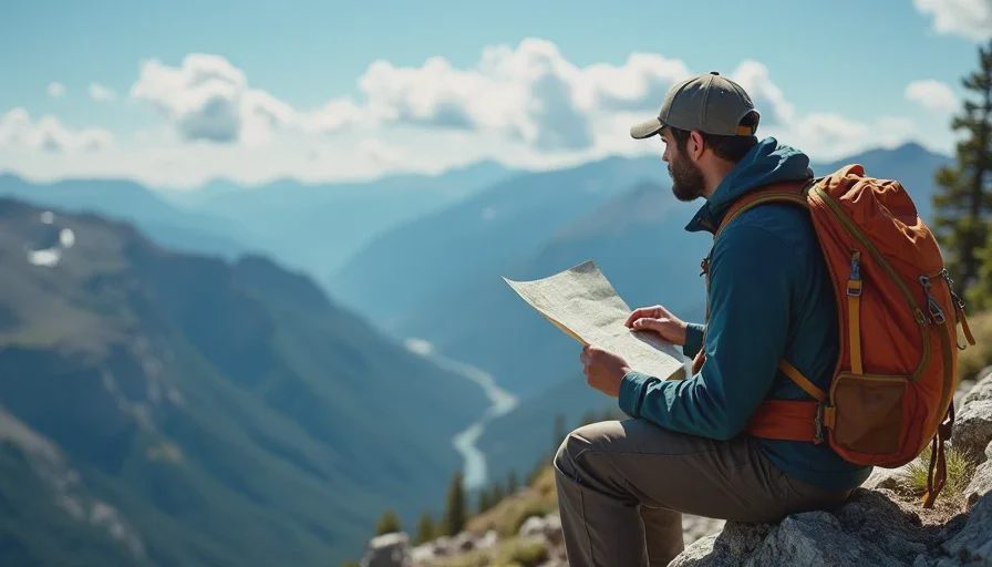 Backpacker cross-checking a paper map and compass against the terrain from a ridgeline