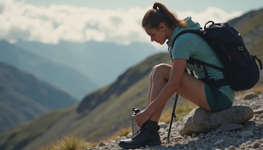 A woman backpacker sitting on a rock untying her boots, looking tired but calm on a rocky alpine trail
