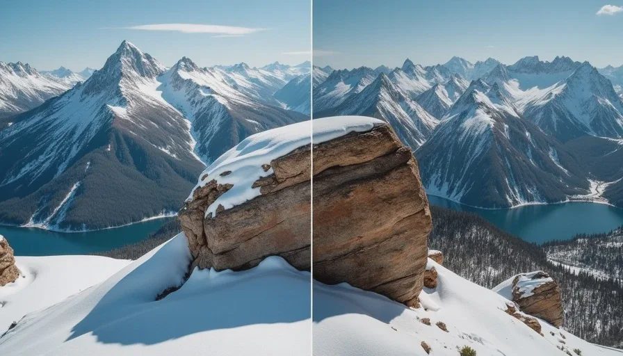 Side-by-side photos of the same mountain pass showing deep snow in 2016 and bare rock in 2024