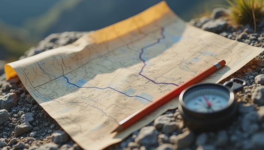 A topographic map and compass on a granite rock surface with hand-drawn route markings in the Indian Peaks Wilderness