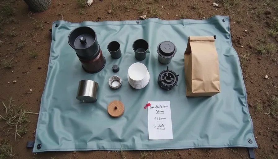 Complete lightweight pour-over coffee kit laid out on a tarp with hand grinder, dripper, filters, titanium mug, and stove