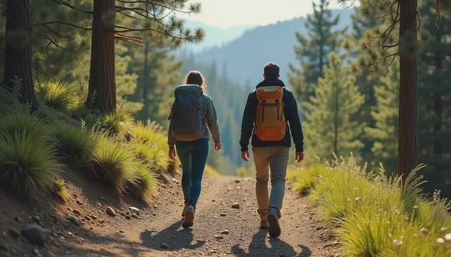 Two backpackers descending a forest trail one after another, seen from behind, with trees and dappled light