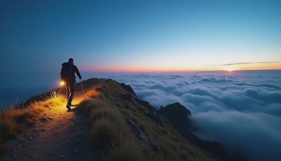 A hiker walking a ridge trail at dawn, headlamp beam on the ground ahead