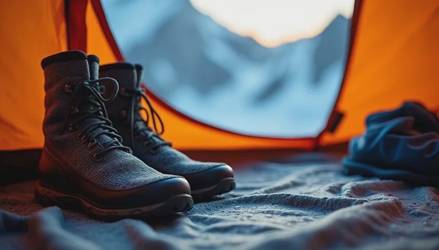 Wool socks, hiking boots and a rain shell laid out in a tent vestibule before an alpine start