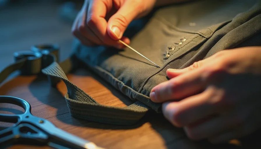 Hands restitching a backpack shoulder strap on a workbench