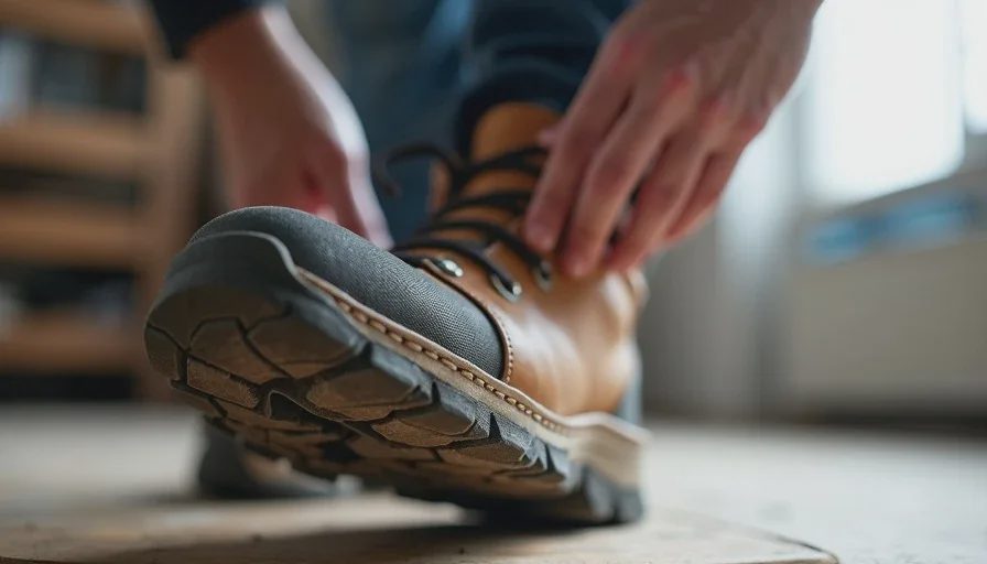 Pressing the side of a hiking boot to show midsole collapse