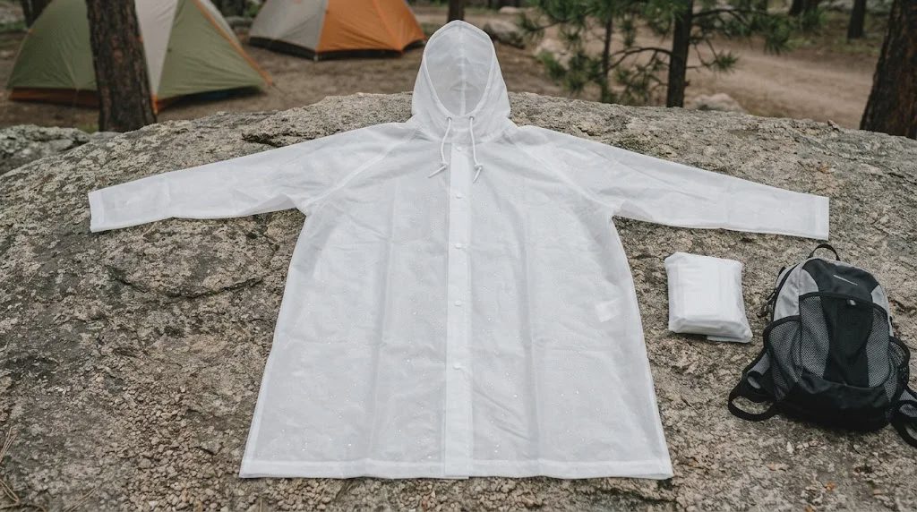lightweight rain poncho shown open and packed for backpacking