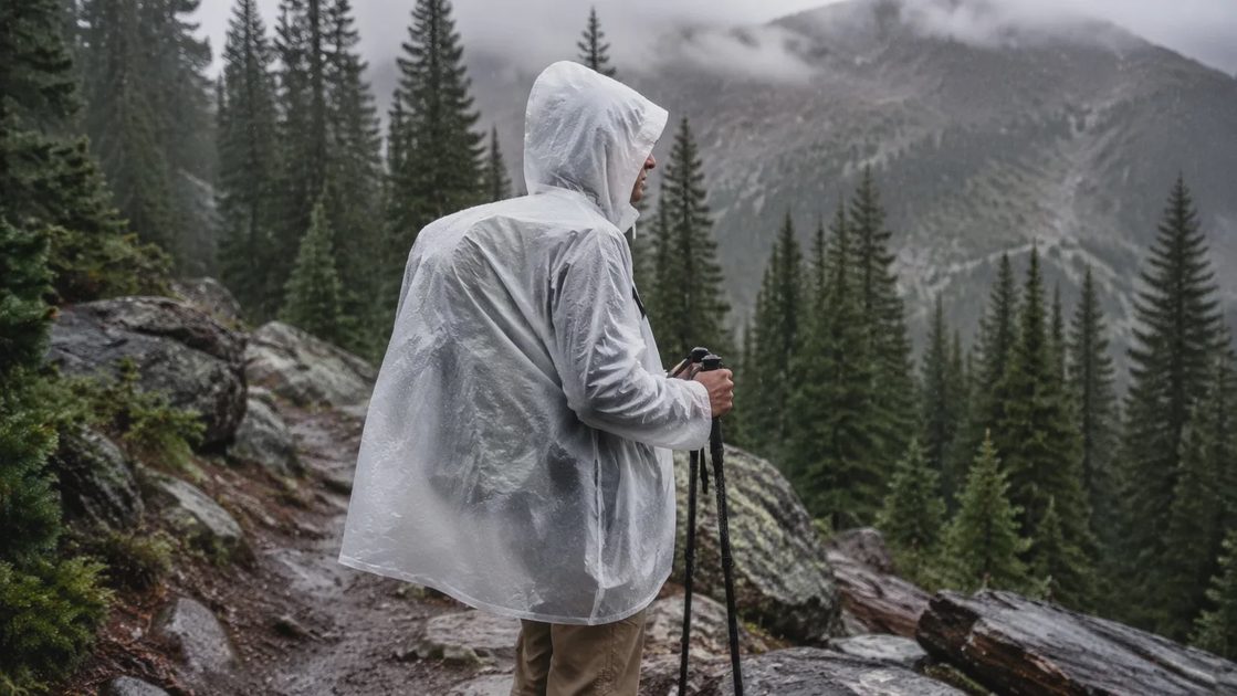 rain poncho for hiking covering backpack during mountain rain