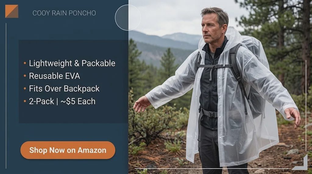 COOY rain poncho for hiking worn over backpack on Colorado trail